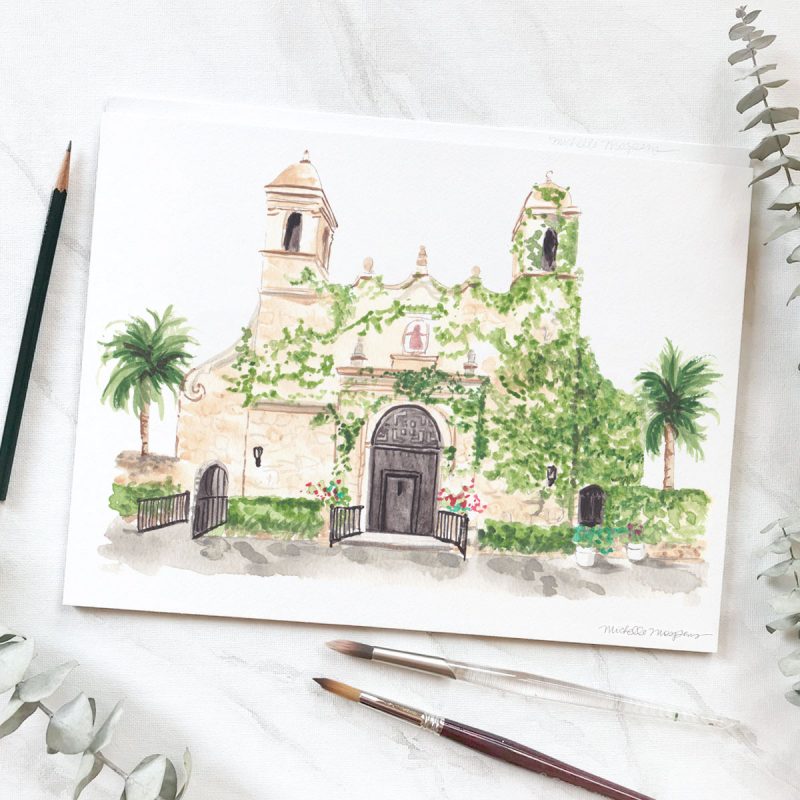 Hand painted watercolor Plymouth Congregational Church Miami Florida. 100% original art by Michelle Mospens. Mospens Studio