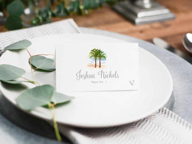 Watercolor palm trees beach theme place cards for a beach wedding or party. // Mospens Studio