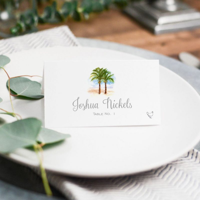Watercolor palm trees beach theme place cards for a beach wedding or party. // Mospens Studio