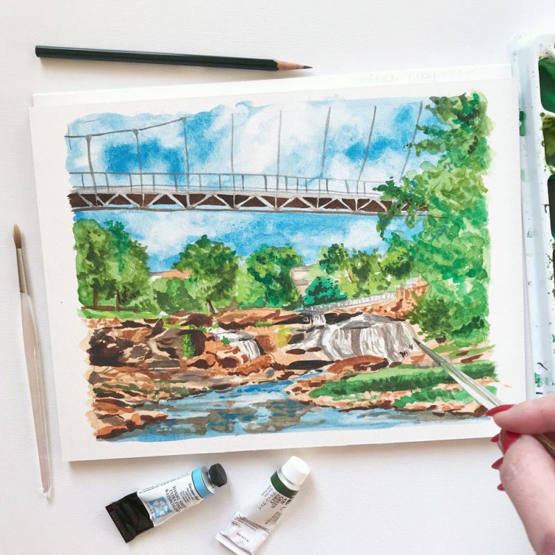 Watercolor painting of Falls Park Liberty Bridge - Mospens Studio