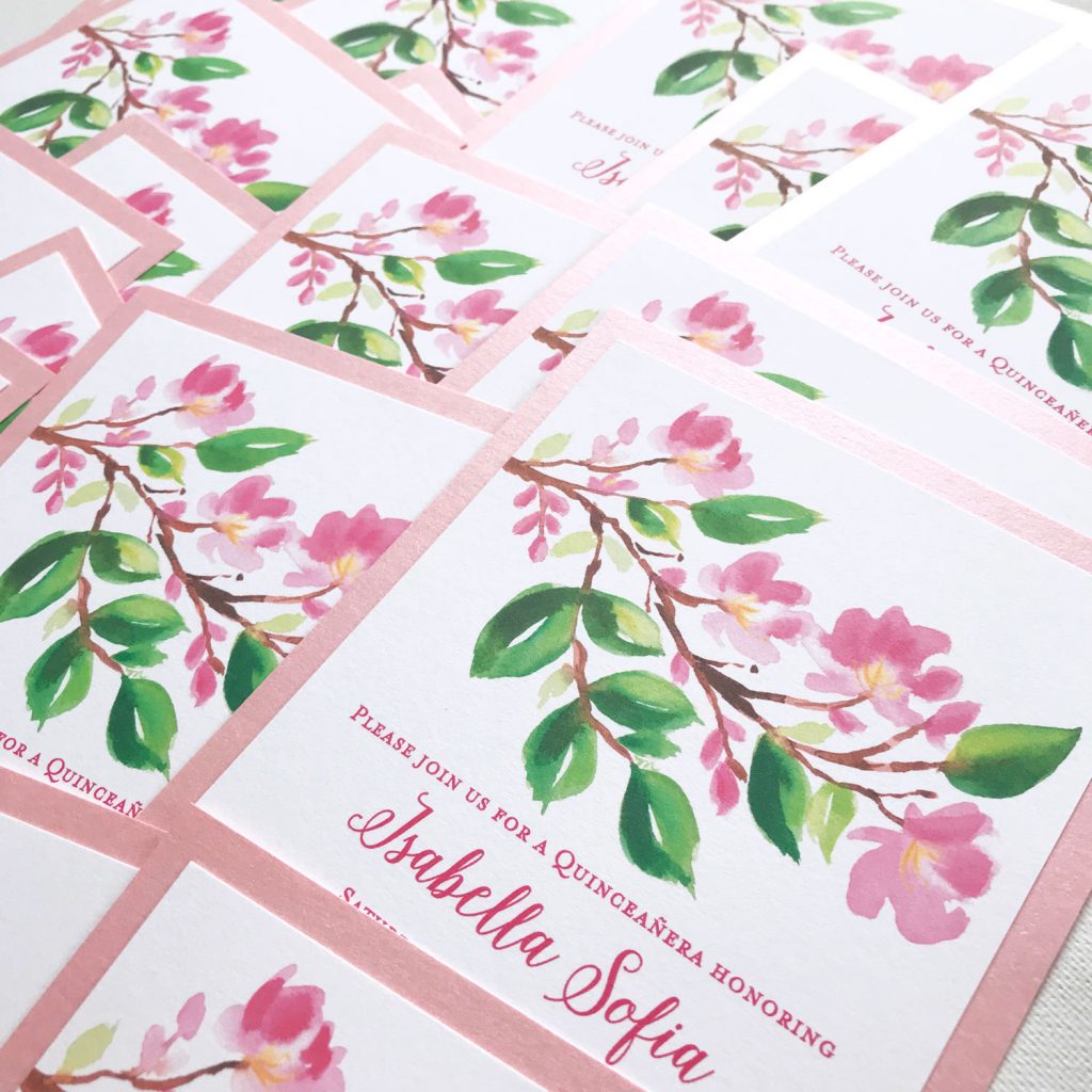 Pretty quinceañera birthday party invitations with hand-painted cherry blossom flowers and green leaves make this invite festive and fun. - Mospens Studio