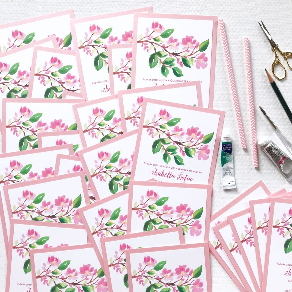 Pretty quinceañera birthday party invitations with hand-painted cherry blossom flowers and green leaves make this invite festive and fun. - Mospens Studio