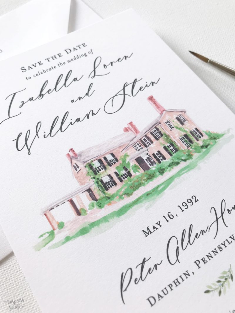Custom illustrated wedding venue save the date cards by artist Michelle Mospens. - Mospens Studio