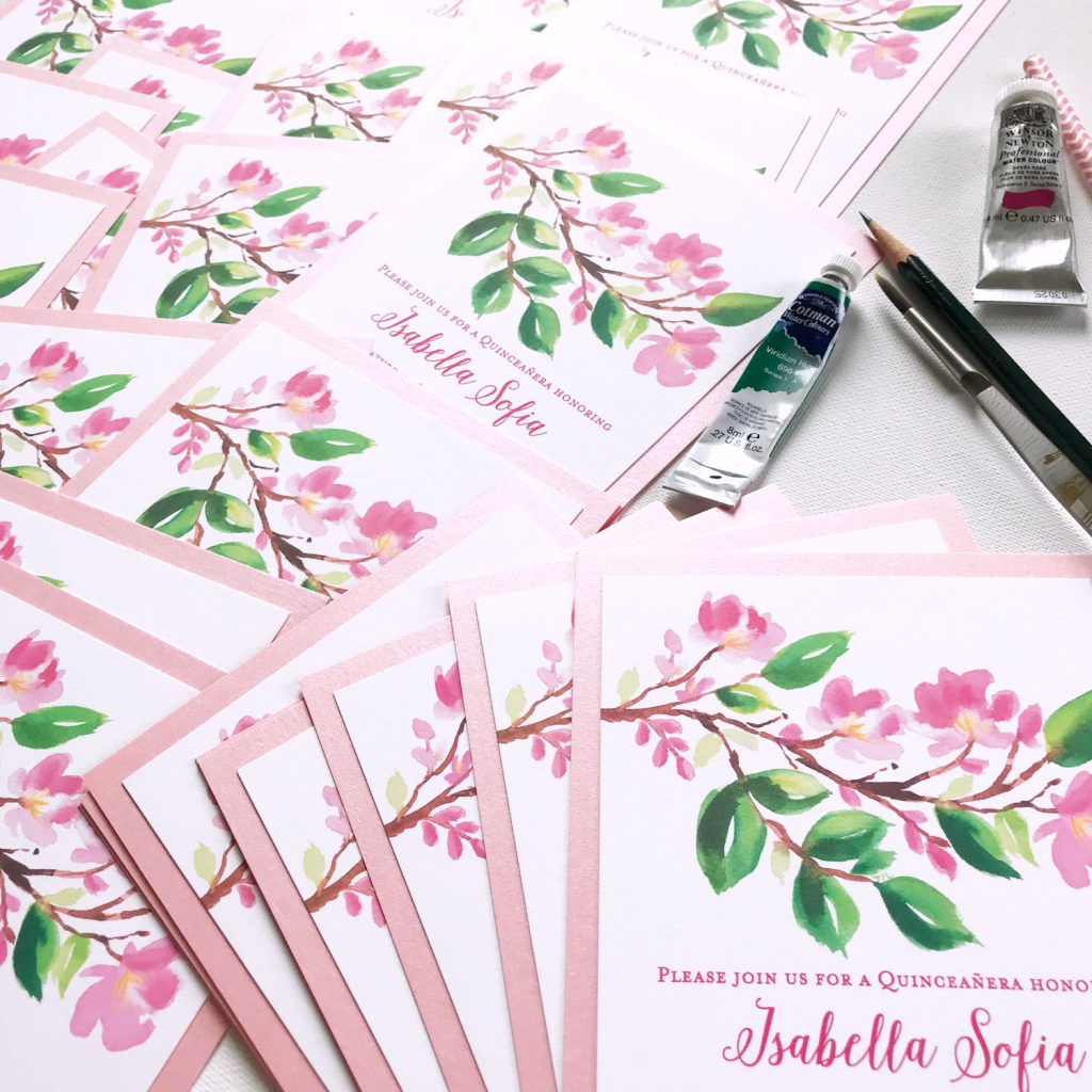 Pretty quinceañera birthday party invitations with hand-painted cherry blossom flowers and green leaves make this invite festive and fun. - Mospens Studio