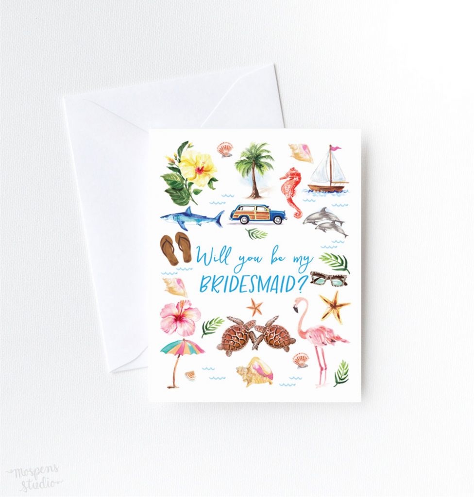 Beach wedding Will You Be My Bridesmaid? cards by artist Michelle Mospens. | Mospens Studio