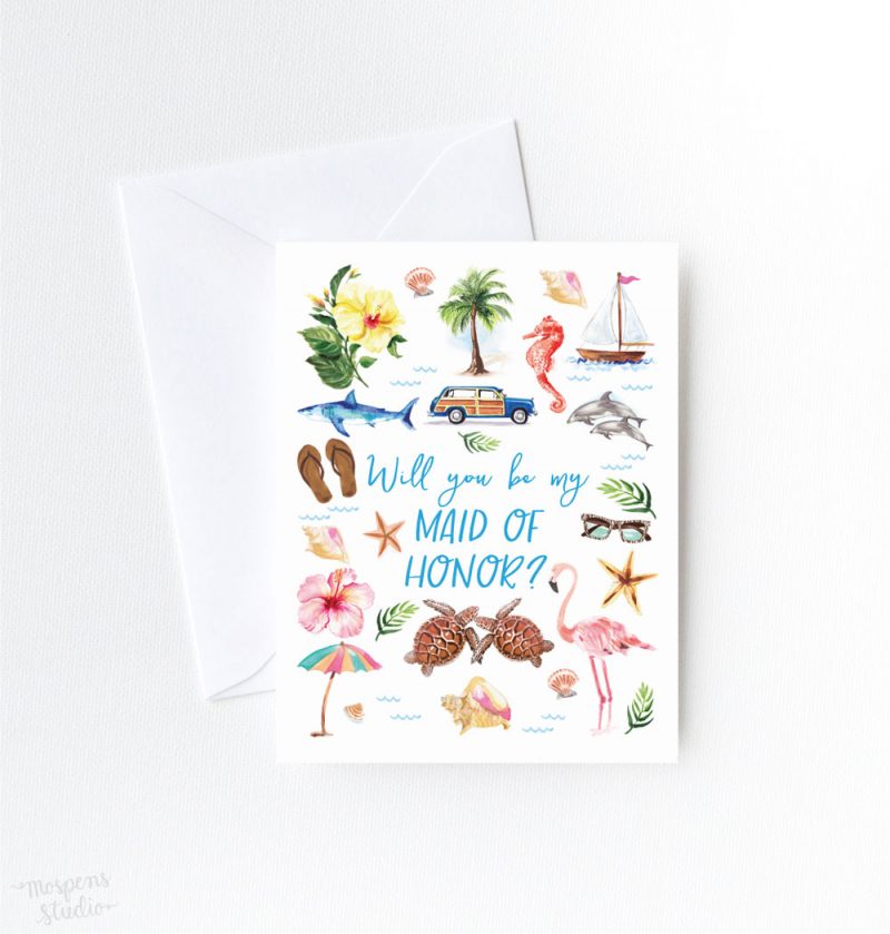 Beach wedding Will You Be My Maid Of Honor? cards by artist Michelle Mospens. | Mospens Studio