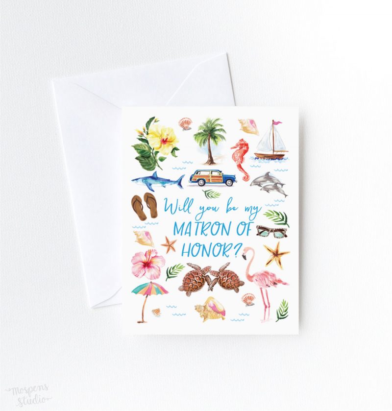 Beach wedding Will You Be My Matron Of Honor? cards by artist Michelle Mospens. | Mospens Studio