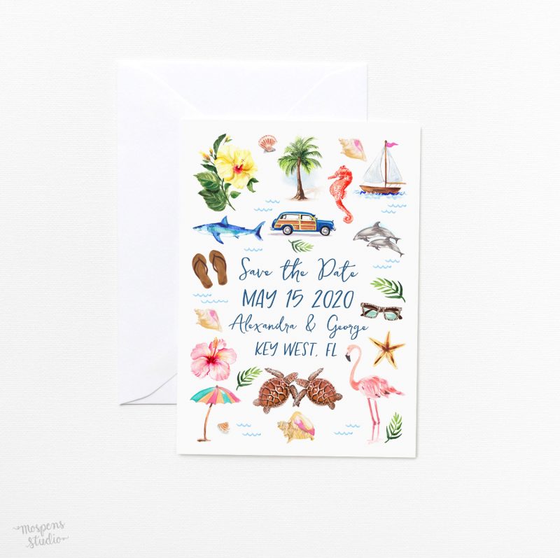Beach wedding save the date cards by artist Michelle Mospens. Mospens Studio