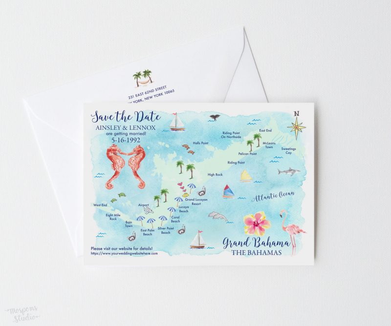 Grand Bahama, The Bahamas wedding map save the date cards by artist Michelle Mospens. - MospensStudio.com