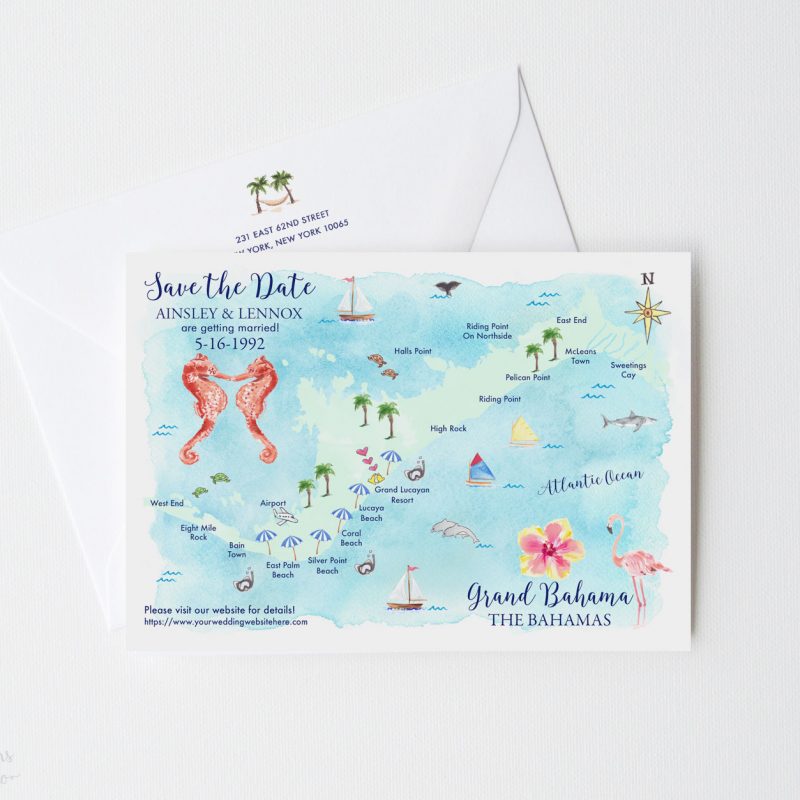 Grand Bahama, The Bahamas wedding map save the date cards by artist Michelle Mospens. - MospensStudio.com
