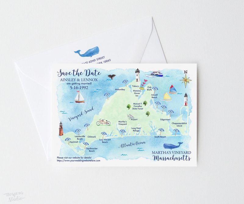 Martha's Vineyard Massachusetts wedding map save the date cards by artist Michelle Mospens. - MospensStudio.com