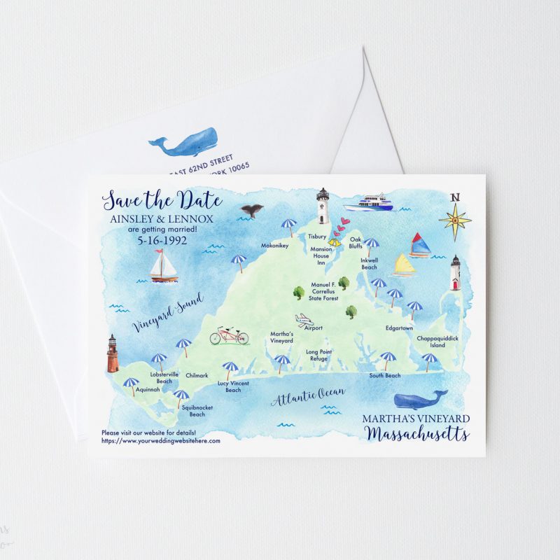 Martha's Vineyard Massachusetts wedding map save the date cards by artist Michelle Mospens. - MospensStudio.com