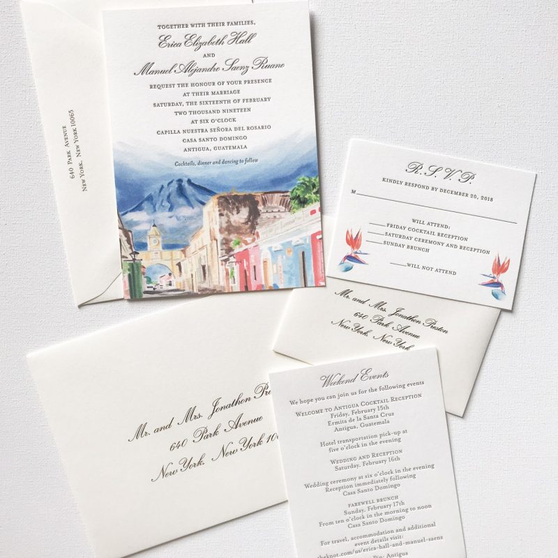 Antigua Guatemala custom watercolor wedding invitations by artist Michelle Mospens. // Mospens Studio