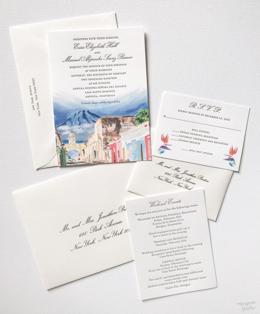 Antigua Guatemala custom watercolor wedding invitations by artist Michelle Mospens. // Mospens Studio