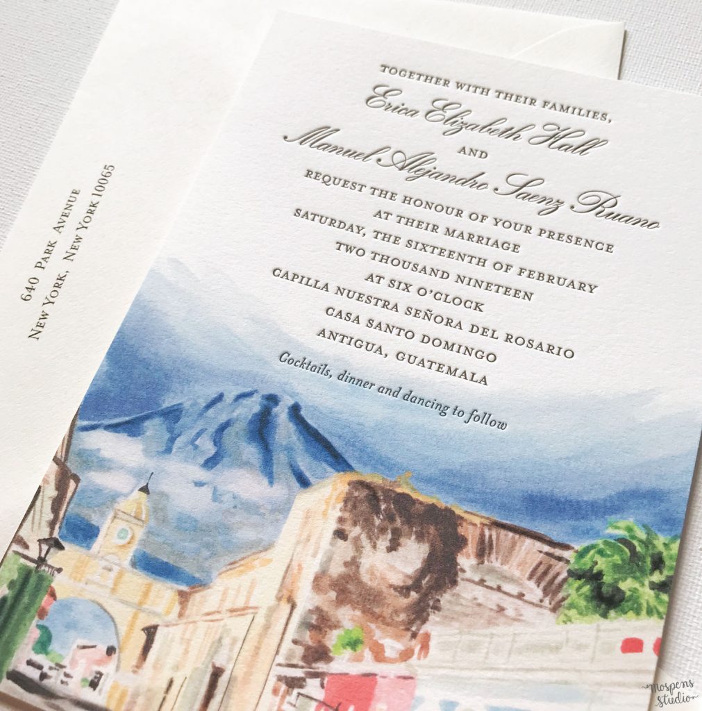 Antigua Guatemala custom watercolor wedding invitations by artist Michelle Mospens. // Mospens Studio