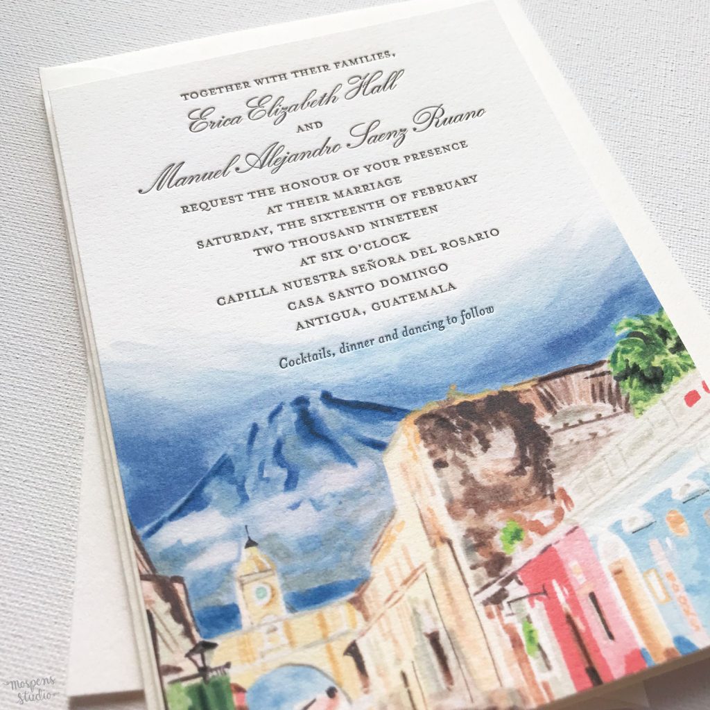 Antigua Guatemala custom watercolor wedding invitations by artist Michelle Mospens. // Mospens Studio