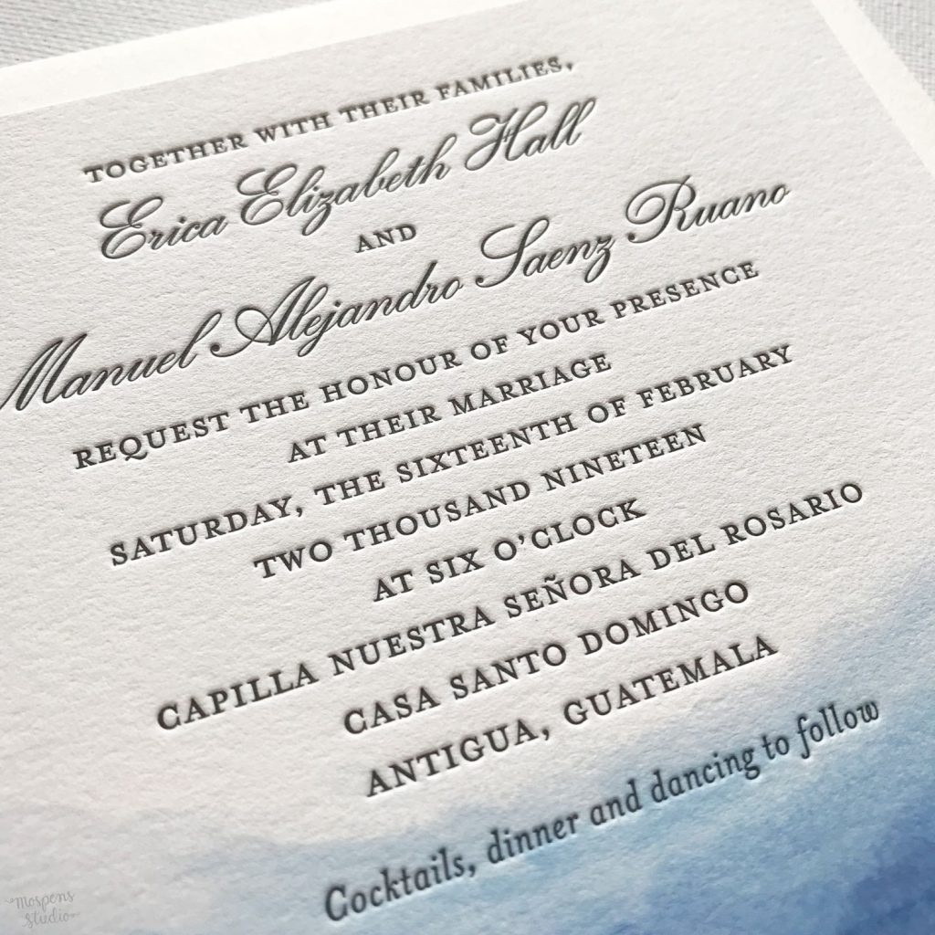 Antigua Guatemala custom watercolor wedding invitations by artist Michelle Mospens. // Mospens Studio