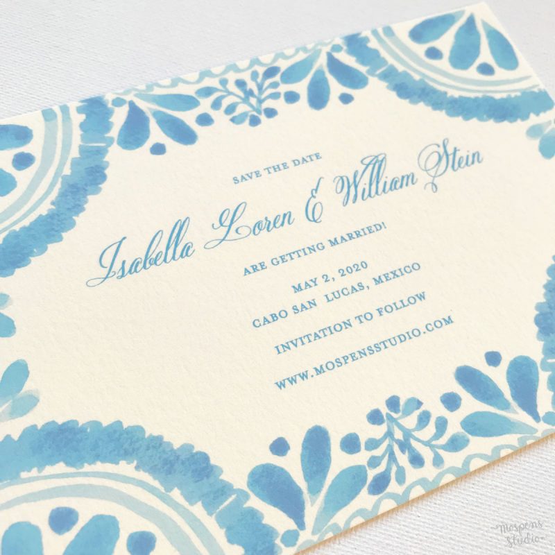 Ecru and light blue Spanish tile inspired wedding invitations. Mospens Studio