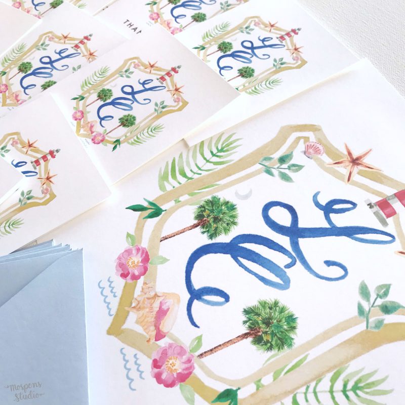 Hilton Head watercolor crest monogram thank you cards by artist Michelle Mospens. - Mospens Studio