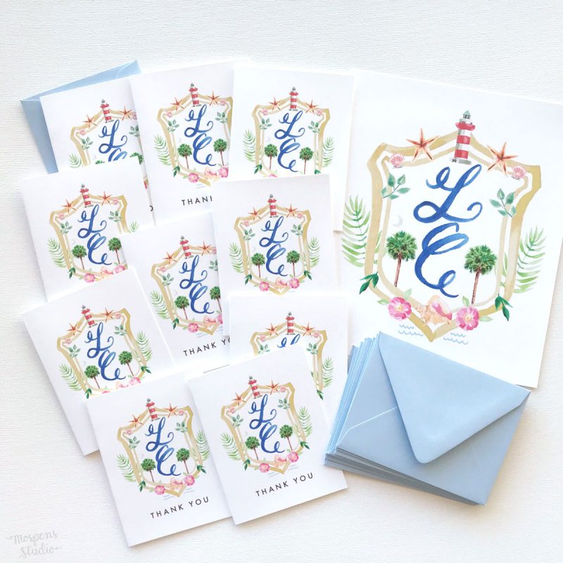 Hilton Head watercolor crest monogram thank you cards by artist Michelle Mospens. - Mospens Studio