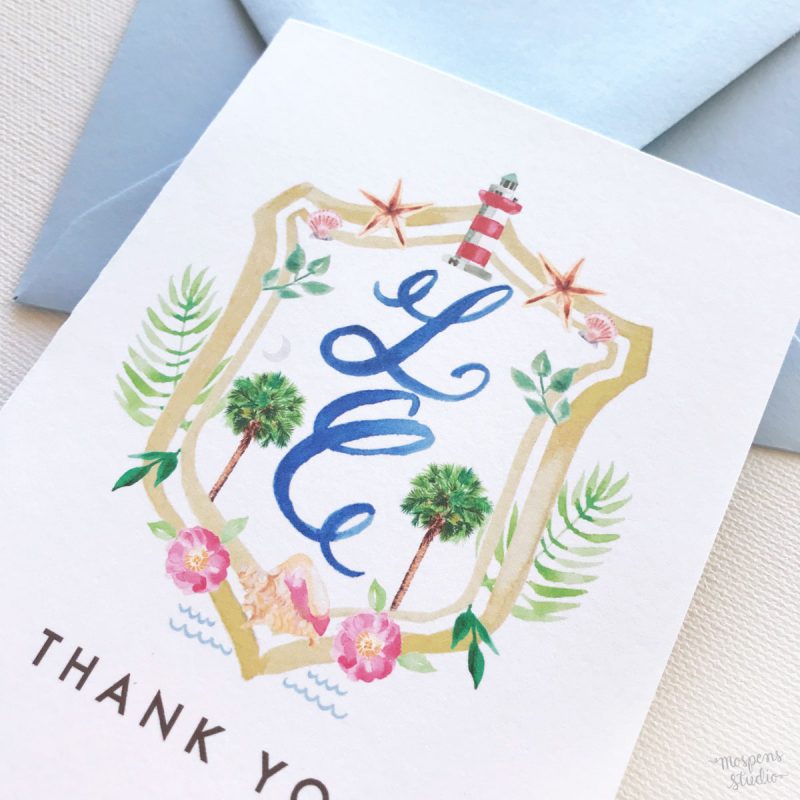 Hilton Head watercolor crest monogram thank you cards by artist Michelle Mospens. - Mospens Studio