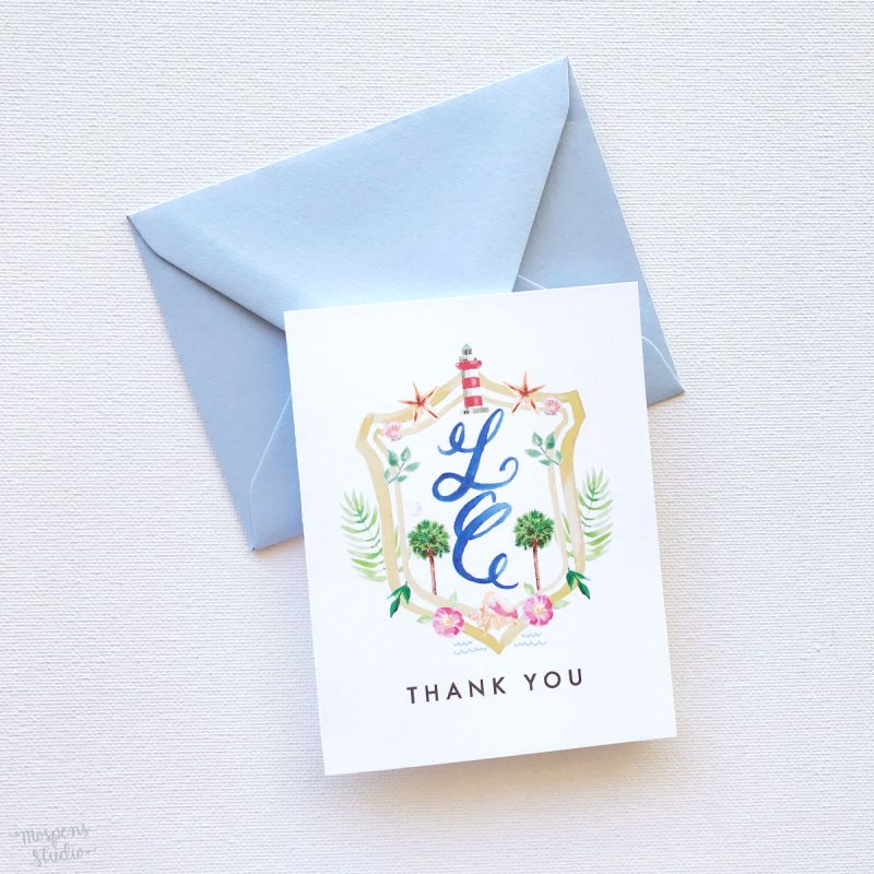 Hilton Head watercolor crest monogram thank you cards by artist Michelle Mospens. - Mospens Studio