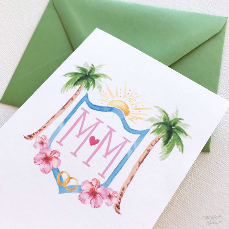 Tropical watercolor crest monogram thank you cards by artist Michelle Mospens. - Mospens Studio