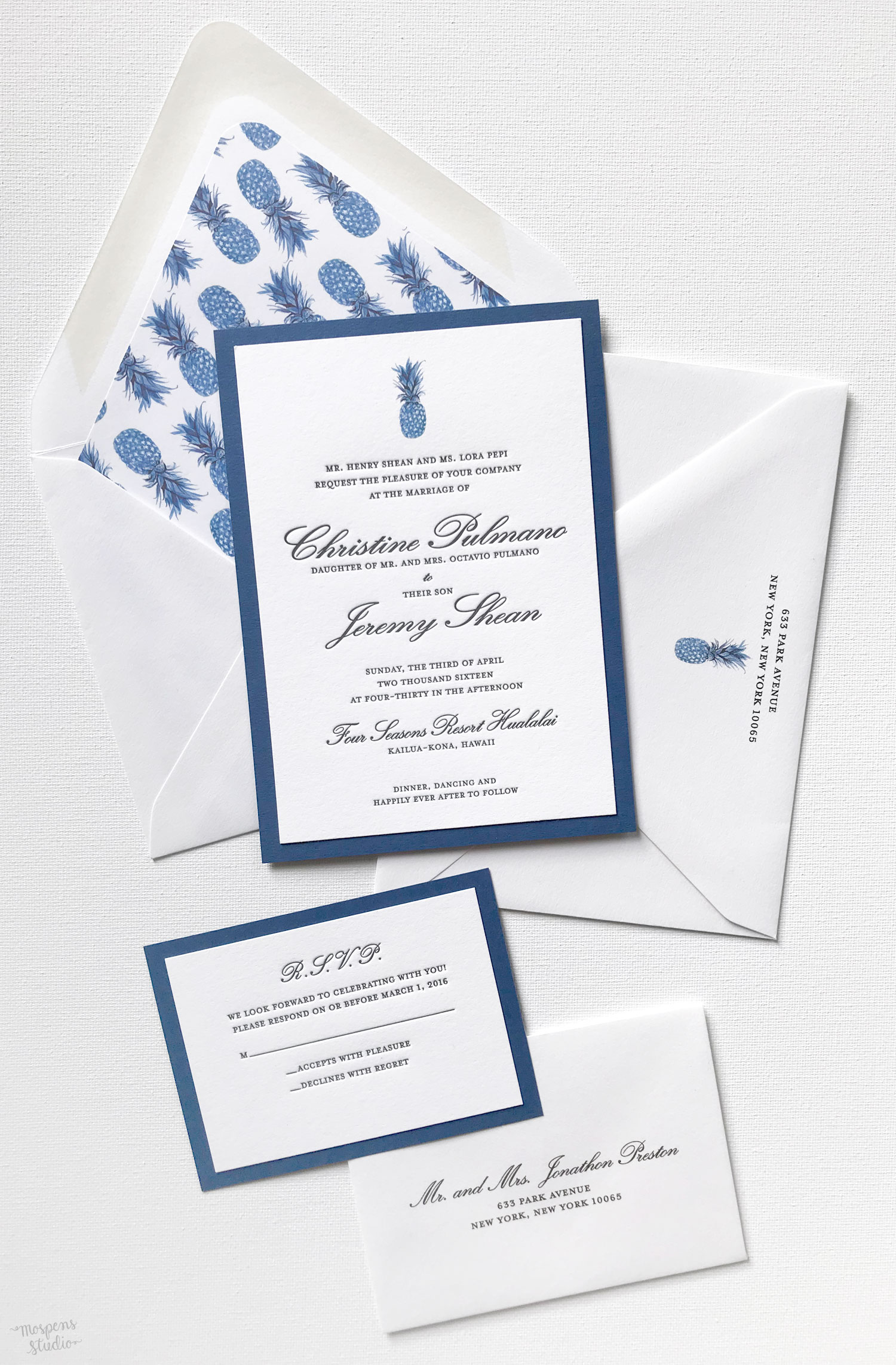 Elegant + tropical watercolor and letterpress pineapple wedding invitations in beautiful navy blue and classic black by Michelle Mospens. // Mospens Studio