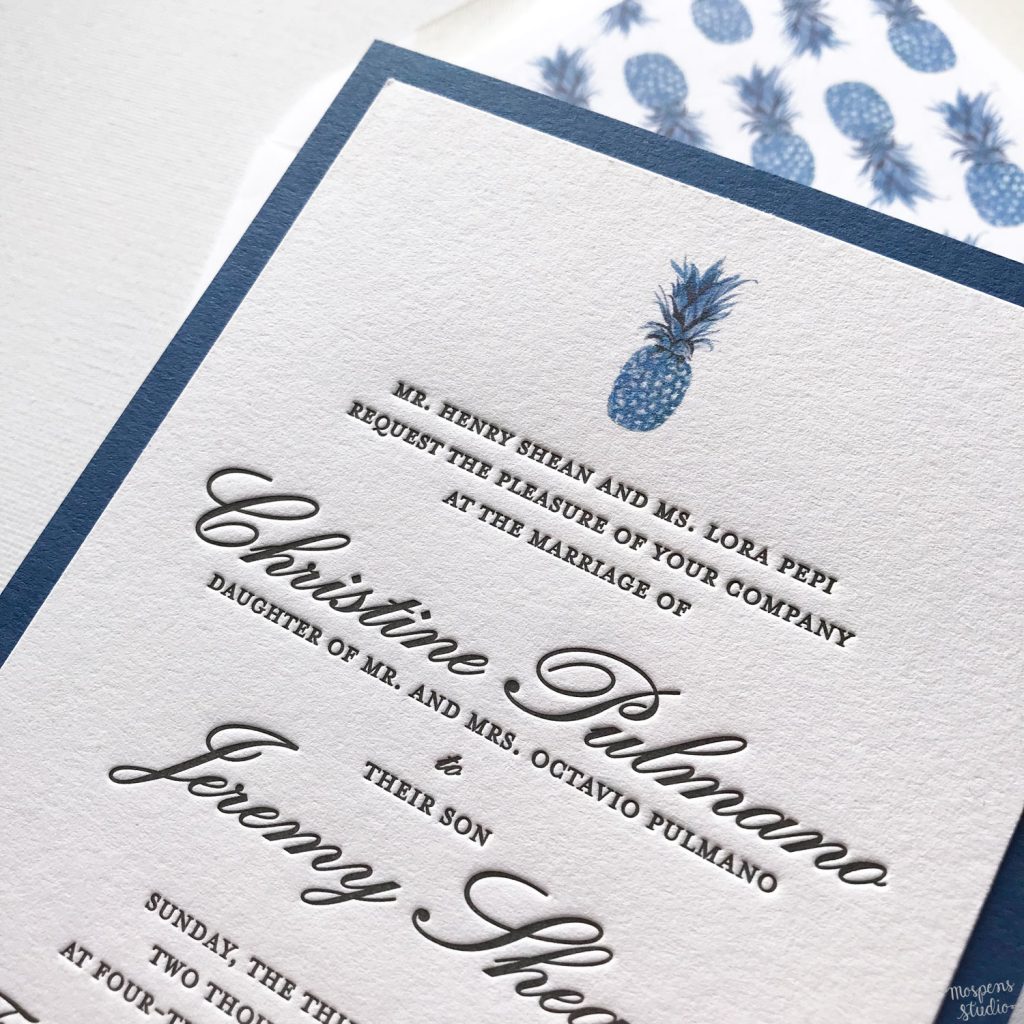 Elegant + tropical watercolor and letterpress pineapple wedding invitations in beautiful navy blue and classic black by Michelle Mospens. // Mospens Studio