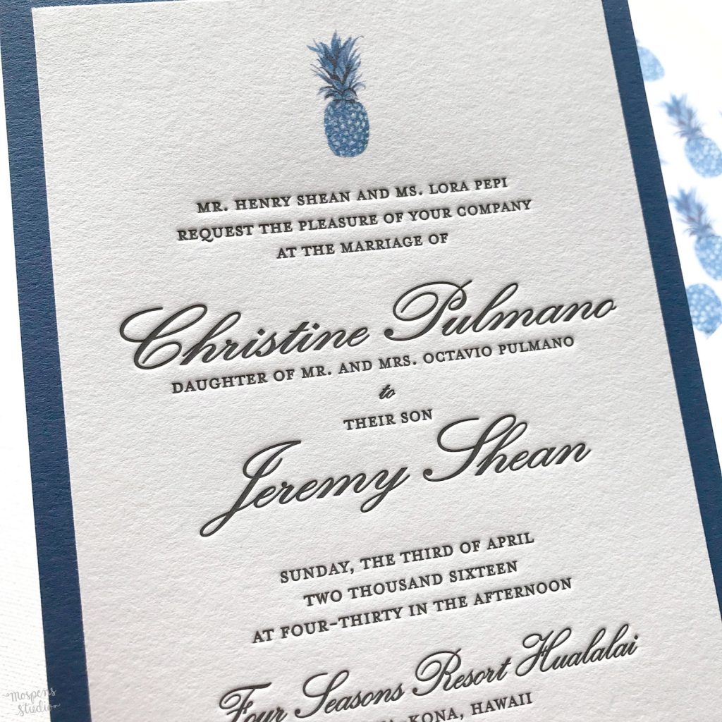 Elegant + tropical watercolor and letterpress pineapple wedding invitations in beautiful navy blue and classic black by Michelle Mospens. // Mospens Studio
