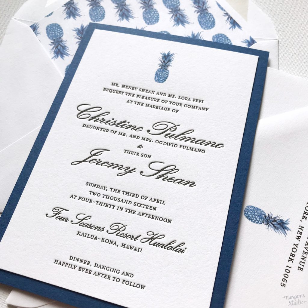 Elegant + tropical watercolor and letterpress pineapple wedding invitations in beautiful navy blue and classic black by Michelle Mospens. // Mospens Studio