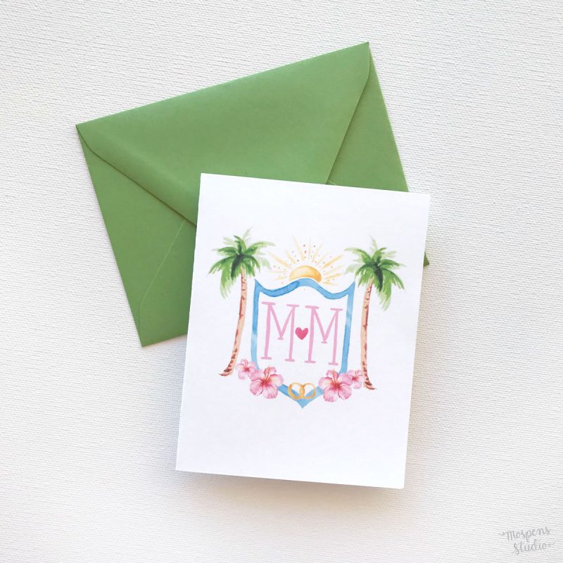 Tropical watercolor crest monogram thank you cards by artist Michelle Mospens. - Mospens Studio