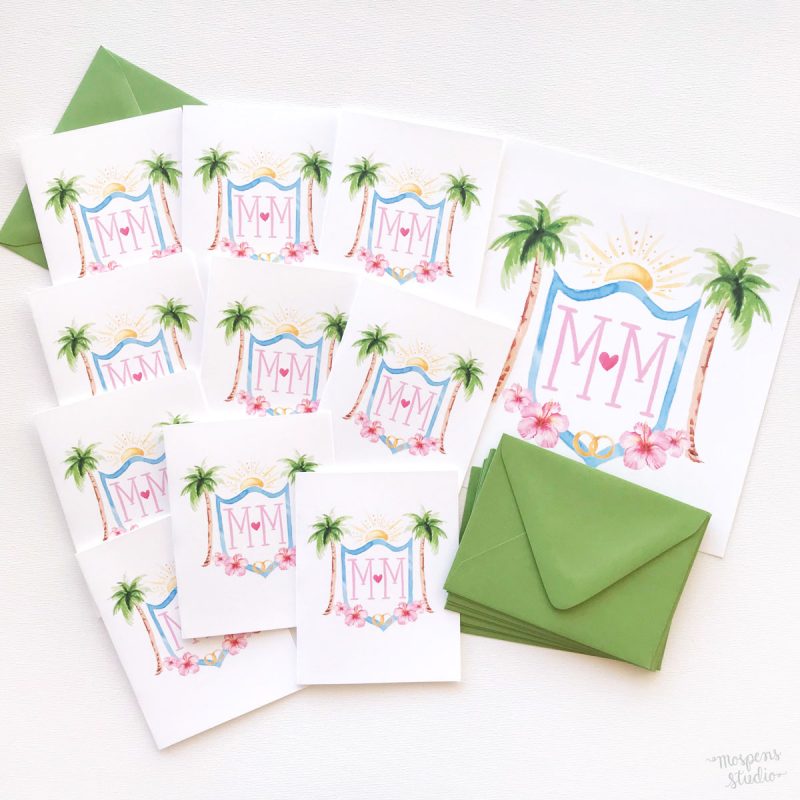 Tropical watercolor crest monogram thank you cards by artist Michelle Mospens. - Mospens Studio