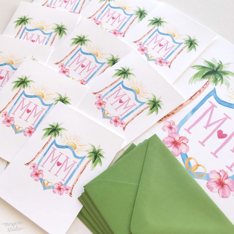 Tropical watercolor crest monogram thank you cards by artist Michelle Mospens. - Mospens Studio