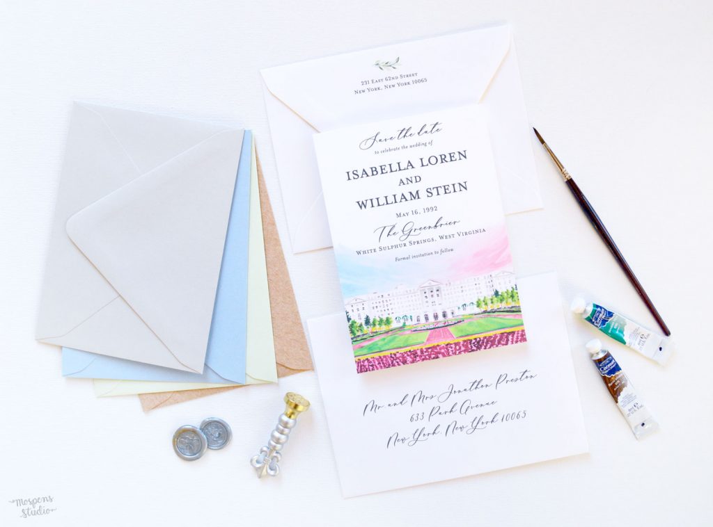 Greenbrier West Virginia watercolor venue illustration save the date cards by artist Michelle Mospens. - Mospens Studio