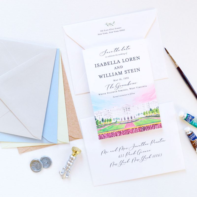 Greenbrier West Virginia watercolor venue illustration save the date cards by artist Michelle Mospens. - Mospens Studio