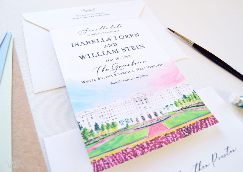 Greenbrier West Virginia watercolor venue illustration save the date cards by artist Michelle Mospens. - Mospens Studio