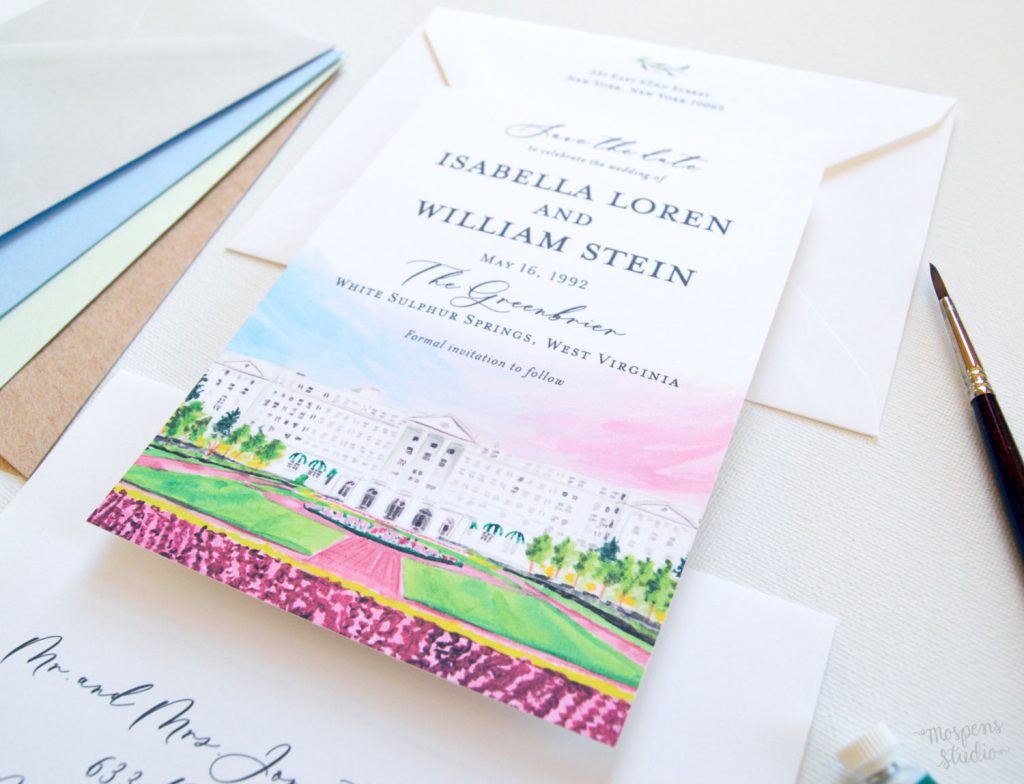 Greenbrier West Virginia watercolor venue illustration save the date cards by artist Michelle Mospens. - Mospens Studio