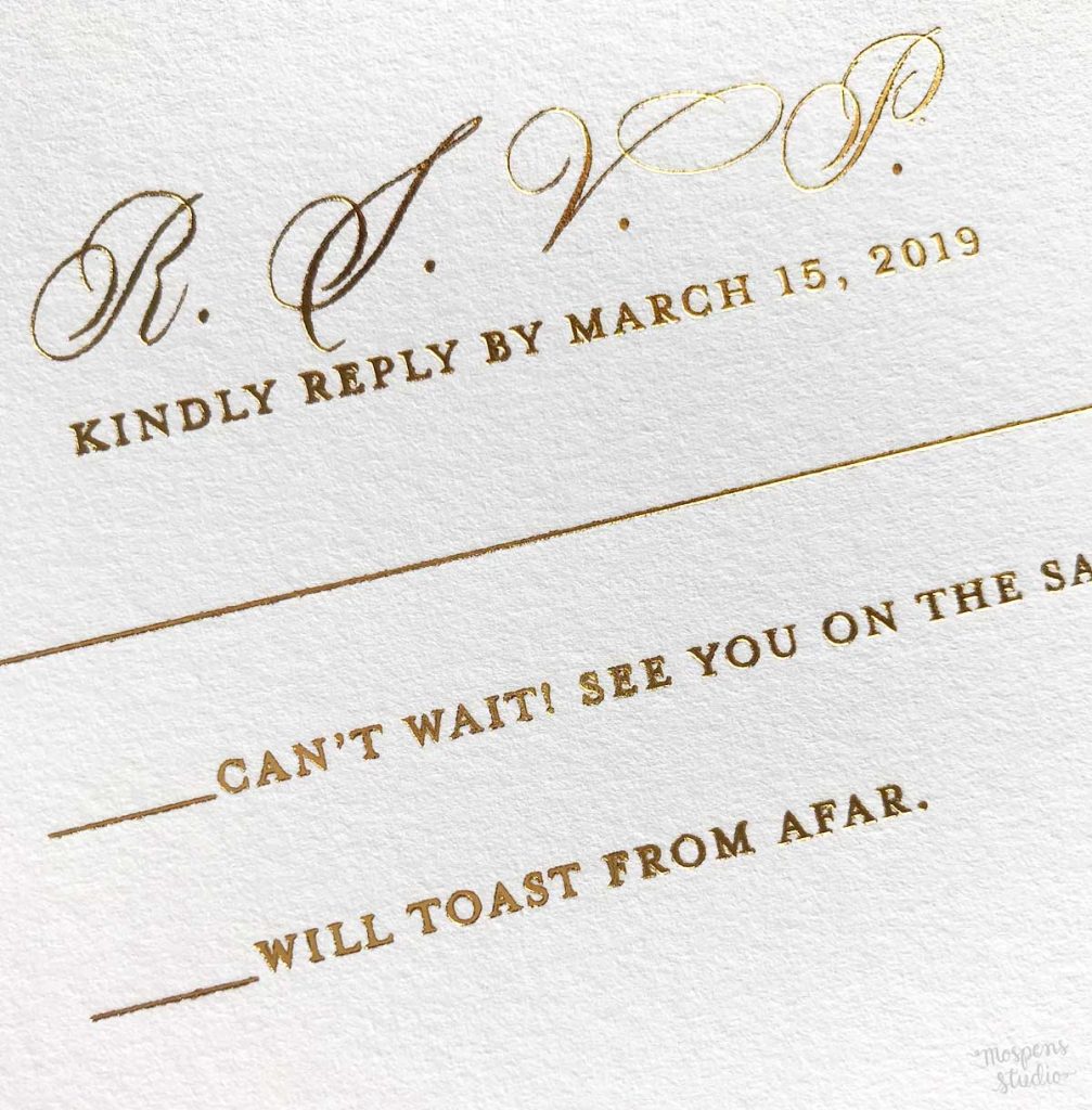 Hand-painted gold metallic floral beach wedding invitations with gold foil printing for an Islamorada, Florida wedding by artist Michelle Mospens. - Mospens Studio