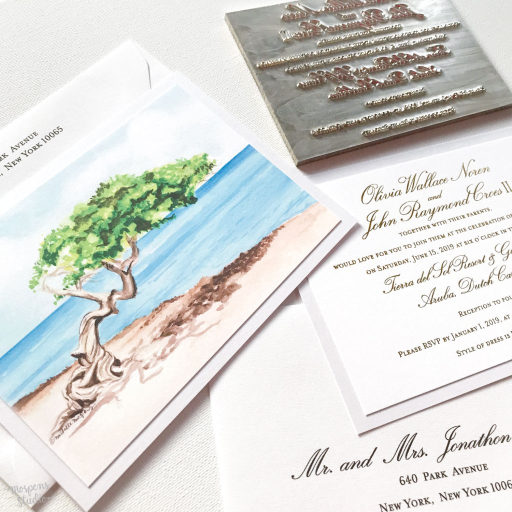 Hand painted Aruba Divi Tree wedding invitation design by artist Michelle Mospens. The art and gold foil printing makes this keepsake invitation a keeper! - Mospens Studio