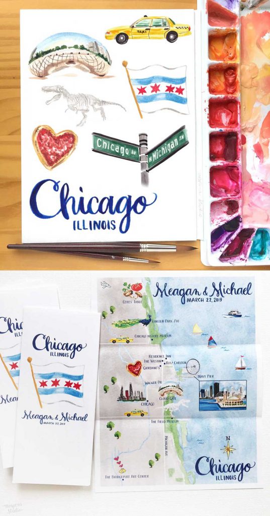 Hand-painted Chicago, IL wedding map design printed on large 8.5 x 11" poster. 100% original art by Michelle Mospens. - Mospens Studio