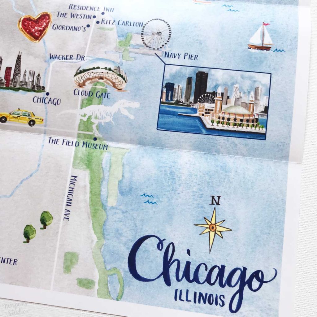 Hand-painted Chicago, IL wedding map design printed on large 8.5 x 11" poster. 100% original art by Michelle Mospens. - Mospens Studio