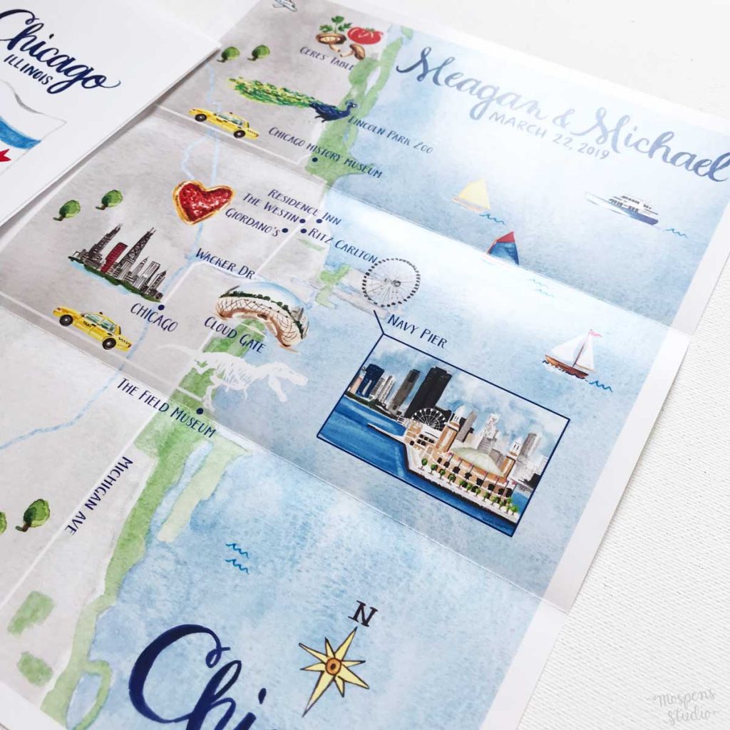 Hand-painted Chicago, IL wedding map design printed on large 8.5 x 11" poster. 100% original art by Michelle Mospens. - Mospens Studio