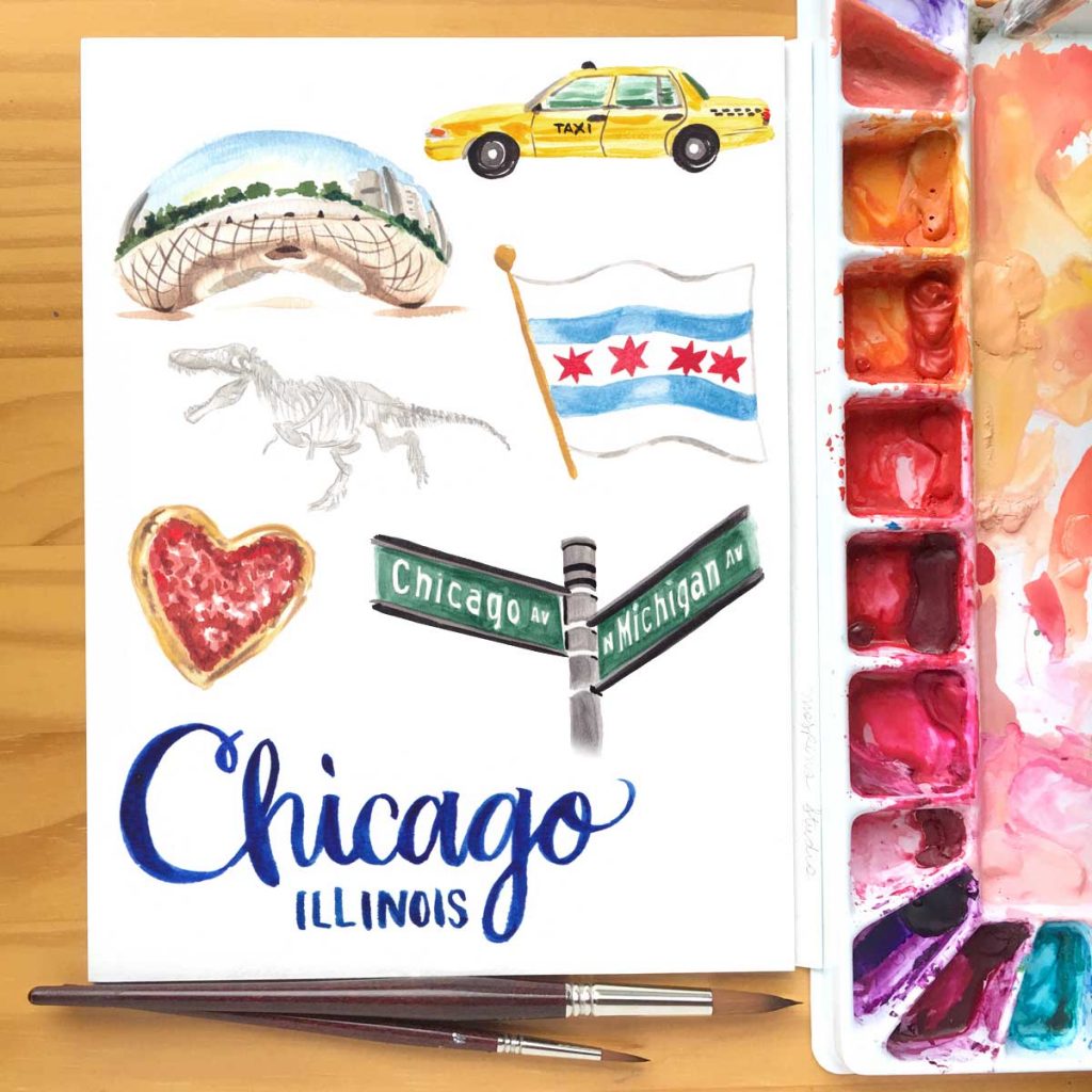 Hand-painted Chicago, IL wedding map design printed on large 8.5 x 11" poster. 100% original art by Michelle Mospens. - Mospens Studio