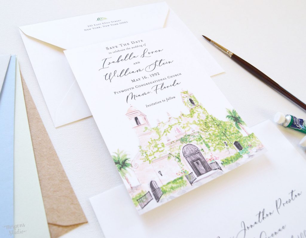 Congregational Plymouth Church Miami, Florida watercolor venue illustration save the date cards by artist Michelle Mospens. - Mospens Studio