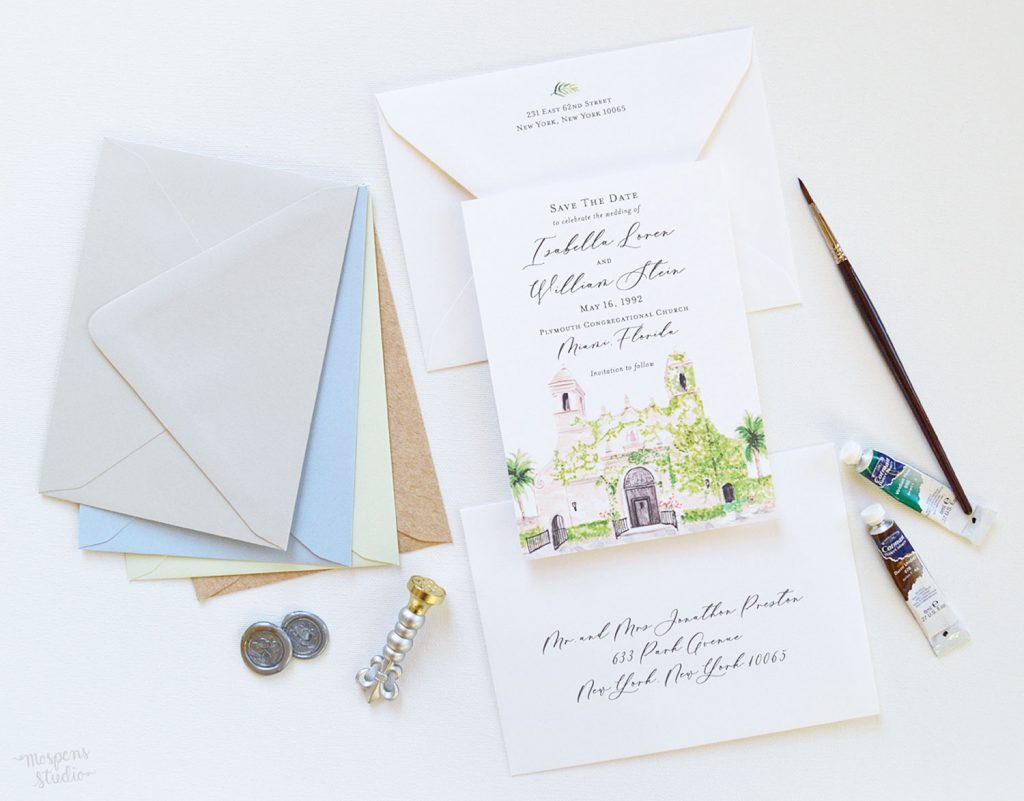 Congregational Plymouth Church Miami, Florida watercolor venue illustration save the date cards by artist Michelle Mospens. - Mospens Studio