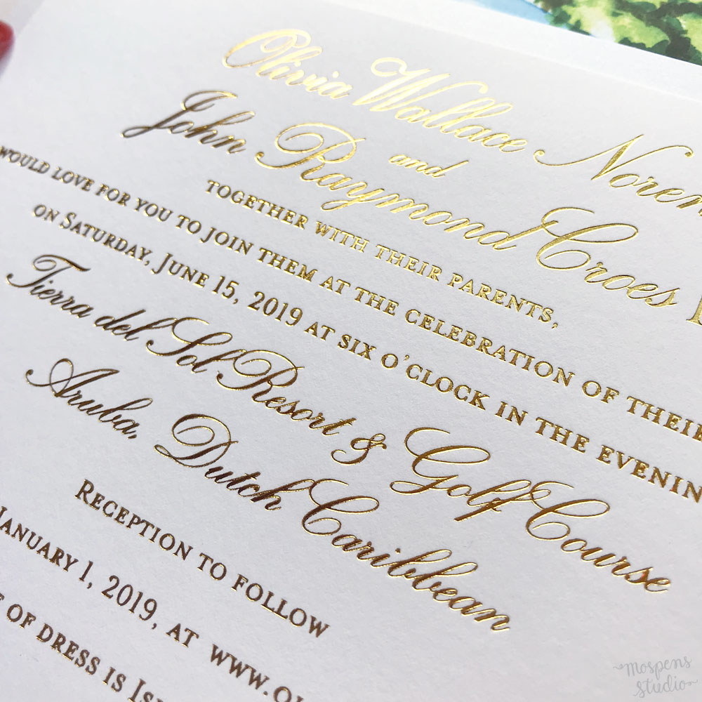 Hand painted Aruba Divi Tree wedding invitation design by artist Michelle Mospens. The art and gold foil printing makes this keepsake invitation a keeper! - Mospens Studio