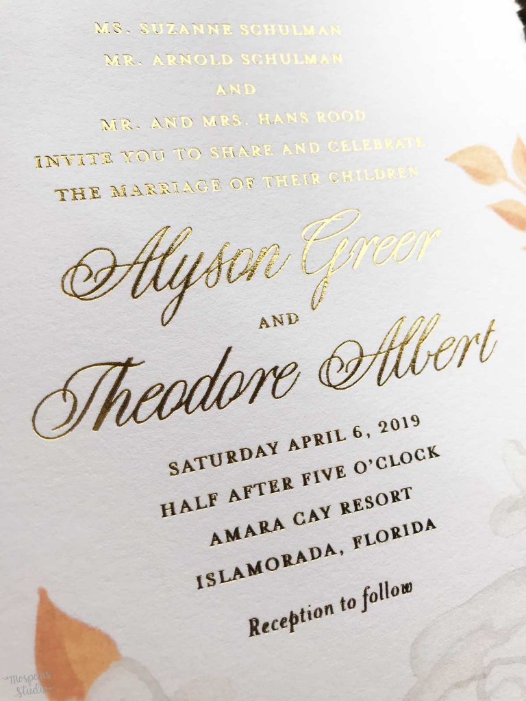 Hand-painted gold metallic floral beach wedding invitations with gold foil printing for an Islamorada, Florida wedding by artist Michelle Mospens. - Mospens Studio