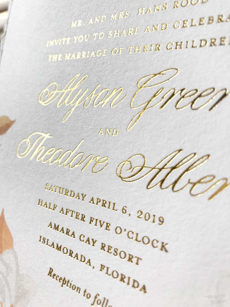 Hand-painted gold metallic floral beach wedding invitations with gold foil printing for an Islamorada, Florida wedding by artist Michelle Mospens. - Mospens Studio