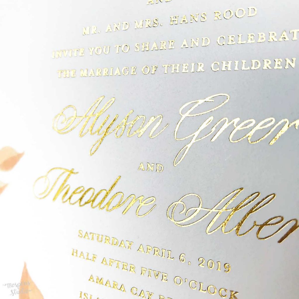 Hand-painted gold metallic floral beach wedding invitations with gold foil printing for an Islamorada, Florida wedding by artist Michelle Mospens. - Mospens Studio